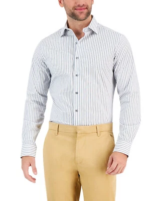 Camisa de vestir ALFANI blanca y azul ajustada mezcla de algodón grabada 15 15-1/2 34/35 Foto 1 de 2