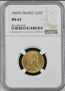 :1869A G20F GOLD 20 FRANCS FRANCE NGC MS62 NAPOLEON III RARITY R6 HIGHEST-GRADES - Picture 1 of 4