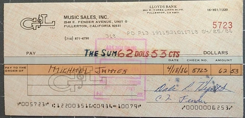 CLARENCE LEO FENDER Autographed Bank Check Guitar Inventor. Rock Hall of Famer Cover