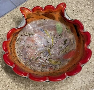 Vintage Murano Art Glass Free Form Orange & Gold Millefiori Swirl 9”Wide Bowl - Picture 1 of 3