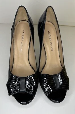 Zapatos Antonio Melani Color Negro Talla 7-1/2 M Charol Punta abierta Tacón bloque Foto 1 de 4