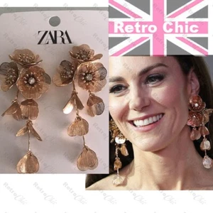 Zara Statement PRINCESS Bafta BIG CASCADING FLOWER EARRINGS gold tone CRYSTAL