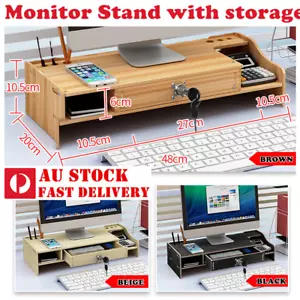 Wooden Monitor Stand LED LCD Computer Riser Desktop Holder & Storage Drawer z08 - Picture 1 of 7