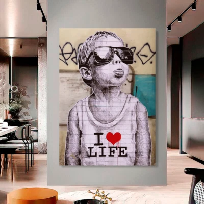 ART WALL PRINT STRETCHED CANVAS PRINTS DECOR GRAFFITI BANKSY I LOVE LIFE BOYNEW - image 1 of 2