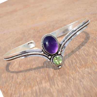 Amethyst & Peridot Cut Gemstone Cuff 925 Sterling Silver Bangle Farewell Party - Image 1 of 4