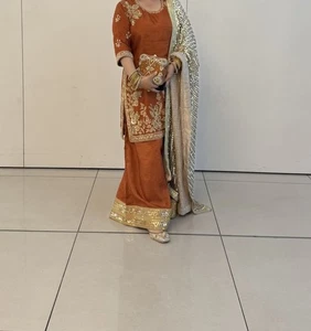 Asian Pakistani Indian Wedding Party Wear Eid Dress Size Large Baraat Orange - Picture 1 of 6