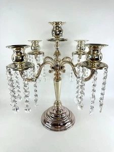 Four Arm Silver Plated Centrepiece Candelabra Candle Holder Hanging Crystals - Picture 1 of 23