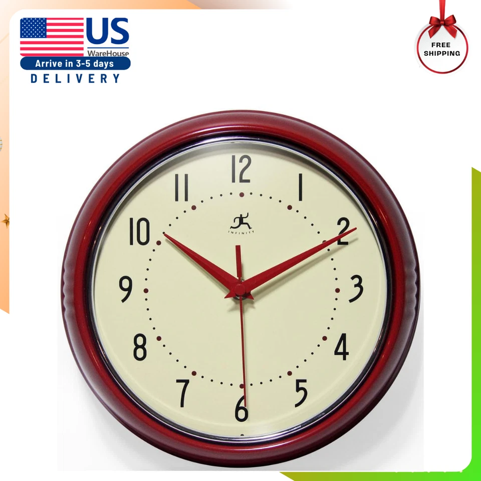 Infinity Instruments Retro Round Metal Wall Clock Red