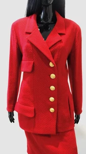 AUTH CHANEL 90'S VINTAGE RED TWEED SUIT JACKET SKIRT CC LOGO GOLD BUTTONS 42 - Picture 1 of 15