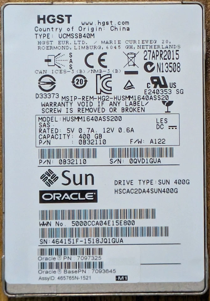 HGST SUN ORACLE 400GB 12G SFF 2.5" SAS MLC SSD HUSMM1640ASS200 - Image 1 of 1