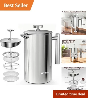 Prensa francesa moderna de acero inoxidable de 34 oz - duradera, apta para lavavajillas y elegante Foto 1 de 4