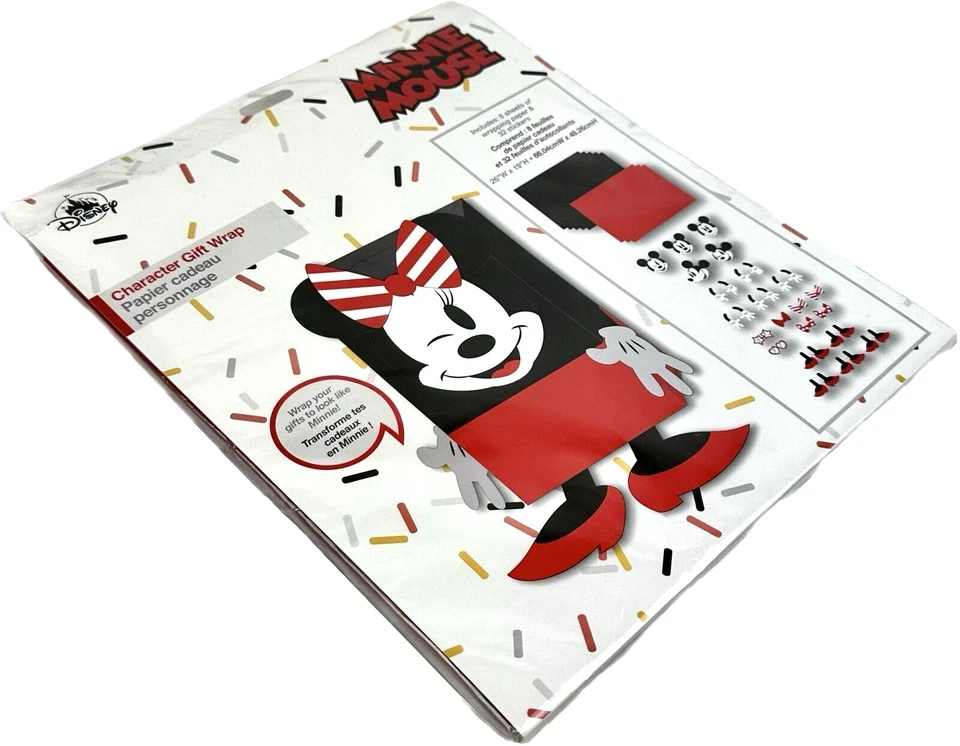 Disney Red Black 40 Pc Paper Stickers Minnie Mouse Character Gift Wrap Set