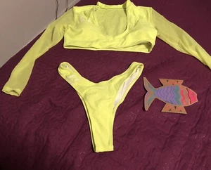 FJ Swim Wear Mesh Longsleeve Plunging Neck Brazilian Bikini Set - Neon - Bild 1 von 12