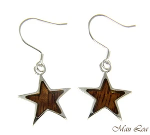 Koa Wood Hawaiian Star Rhodium Silver Plated Brass Hook Wire Earrings - Picture 1 of 2