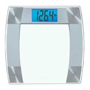 Clear Glass Bathroom Scale with Curved Stainless Steel Accents