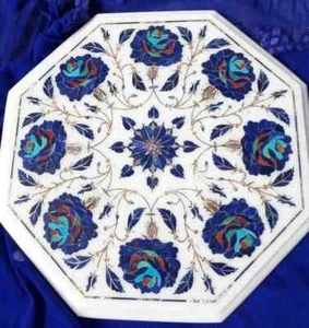 12" Octagon White Marble Coffee Table Lapis Floral Marquetry Inlay Arts Home Dec - Picture 1 of 8