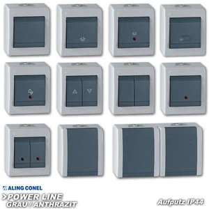 Aufputz Schuko Steckdose Schalter Wechselschalter POWERLINE IP44 Grau/Anthrazit - Bild 1 von 27