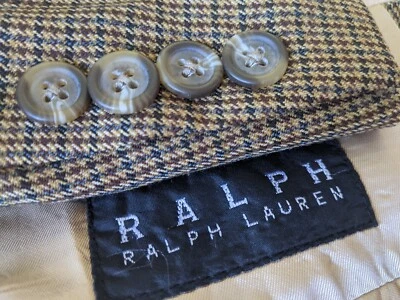 Chaqueta Blazer Abrigo Deportivo 48L Ajuste Ajustado Ralph Lauren Marrón Azul Lana Cuadros Tweed Foto 1 de 4