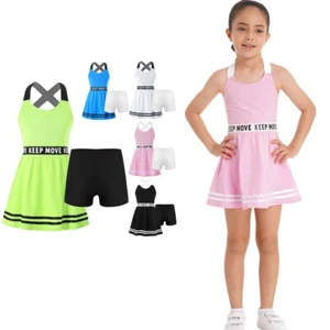 Kids Girls Sports Suit 2Pcs Tracksuit Golf A-line Dress With Shorts Set Gym - Picture 1 of 65