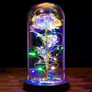 Romantic Forever Rose Flower In Dome Glass LED Night Light Valentine's Day Gift - Picture 1 of 13