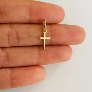 Cruz pequeña de oro real macizo de 14K de 18 mm x 6 mm/oro macizo de 14K de 0,7" - Imagen 1 de 8