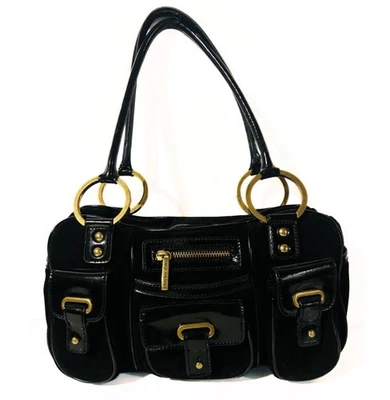 Charles David Black Patent & Suede Multi Pocket Satchel Bag Gold Accents  - Image 1 of 4