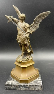 Statua statuetta soprammobile ARCANGELO SAN MICHELE ottone base marmo - Foto 1 di 8