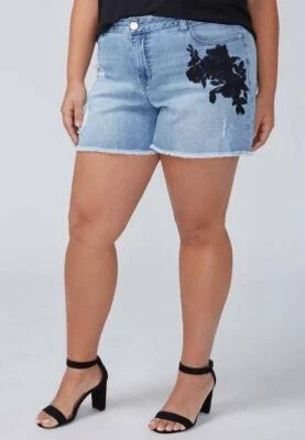 LANE BRYANT ~ ¡Nuevo! NUEVO CON ETIQUETAS Plus 28 ~ Pantalones Cortos Bordados GIRLFRIEND DENIM Dobladillo Crudo 4X Foto 1 de 2