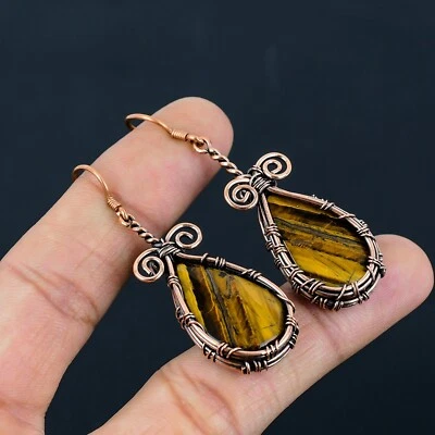 Brincos de fio de cobre pendurados com gota de pedra preciosa olho de tigre joias femininas presente LC-270 - Imagem 1 de 4