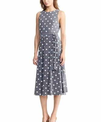 Vestido Midi Lauren Ralph Lauren Pizarra y Colonial Crema Lunares Cintura Corbata Pequeño Foto 1 de 4