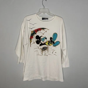 Vintage Mickey Mouse Beach Glitter Puff Paint 3/4 Sleeve T-Shirt Disney Boxy Fit - Picture 1 of 16