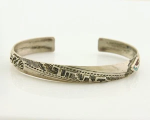 Navajo Bracelet 925 Silver Inlaid Turquoise Coral Native American Artist C.80's - Picture 1 of 7