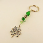 Lucky Four Leaf Clover, Irish shamrock Key chain, Key tag, Green Foil Glass bead
