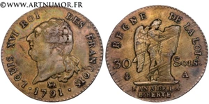 Constitution - Louis XVI, 30 Sols "François" 1791 A Paris - Picture 1 of 1