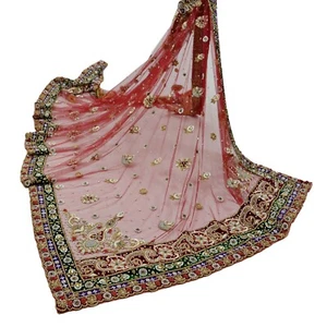 Vintage Heavy Bridal Red Dupatta Net Mesh Long Stole Hand Embroidered Scarves - Picture 1 of 16