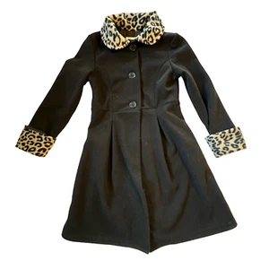 Vtg Copper Key Soft Black Coat Faux Fur Leopard Trim Size 7/8 Buttons Pockets - Picture 1 of 13