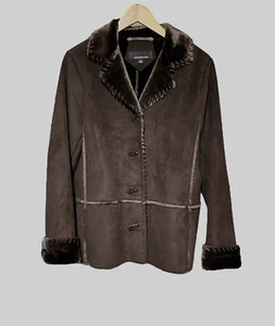 Vintage JONES NEW YORK Suede Fur Lined Penny Lane Jacket Chocolate Brown Sz Med - Picture 1 of 14