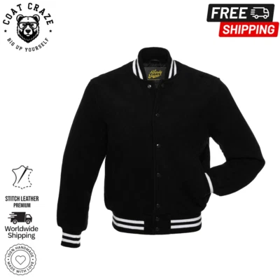 Premium Quality  Black All Wool Varsity Jacket with White Trim - Image 1 of 4