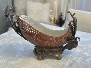 1940’s Castilian porcelain & bronze swan chinoiserie centerpiece bowl - Picture 1 of 23