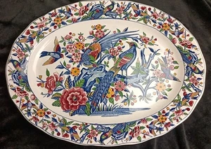 Vintage Vogelplatte groß oval exotische Vögel Blumen mehrfarbig  - Bild 1 von 18