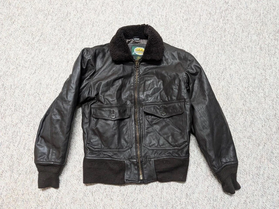 vintage CABELAS goatskin leather BOMBER brown jacket S flight MOUTON wool collar - Image 1 of 4