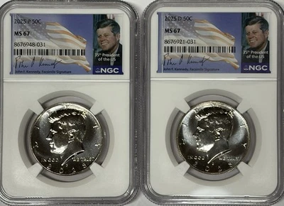 2025 P & D John F Kennedy NGC MS67 2 Coin Half Dollar Set Signature Labels - Image 1 of 3