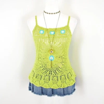 Vintage 2000s Y2K Green Crochet Floral Pattern Knit Wooden Beads Cami Top Size L - Image 1 of 4
