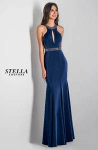 NWT Stella Couture 18167 Evening Prom Halter Dress Navy Blue Size 8 MSRP $498 - Picture 1 of 4