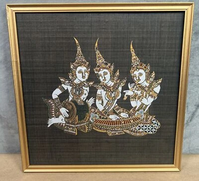 Vintage Kinnara Thai 3 Figures Playing Music  Silk Painting  12x12in - Image 1 of 4