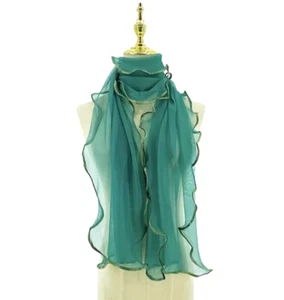 Scarf Solid Color Boho Golden Striped Ruffle Shape Edge Rolled Gauze Green - Picture 1 of 2