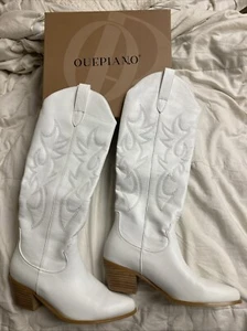 Ouepiano Womens White Embroidered Pull On Knee High Western Boots Size 8 NEW - Picture 1 of 6