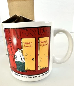 1985 Far Side Mug & Box RARE HTF Damned If You Do Devil Hell Satan NEW OLD STOCK - Picture 1 of 4