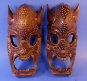 Vintage Pair of Hand Carved Wood Devil Demon Dragon 10" Tribal Masks - Picture 1 of 22