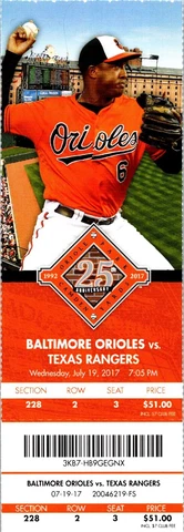 TICKET - Baltimore Orioles vs Texas Rangers (July 19 2017) Jonathan Schoop Cover